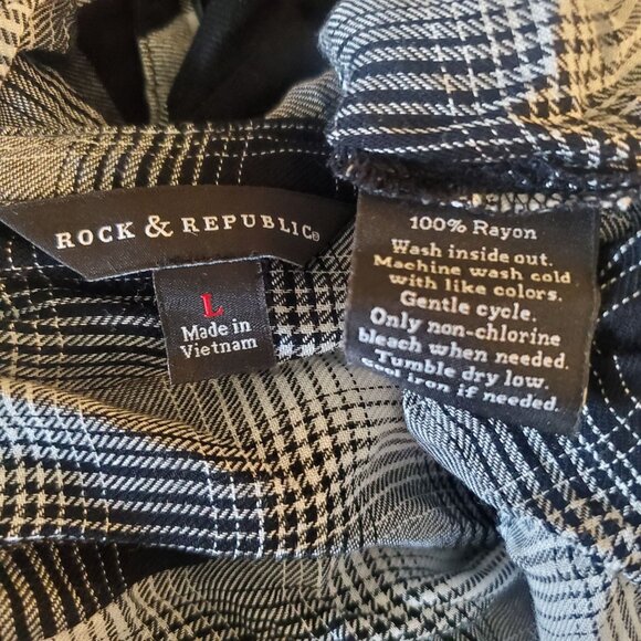 Rock & Republic Black White Plaid Grunge Punk Long Sleeve Tunic Shirt Large - Picture 10 of 11